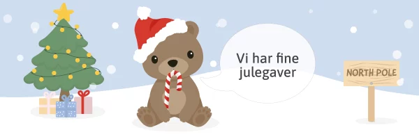 Illustration af en bjørn med halstørklæde ved siden af et juletræ og gaver på vinterbaggrund.