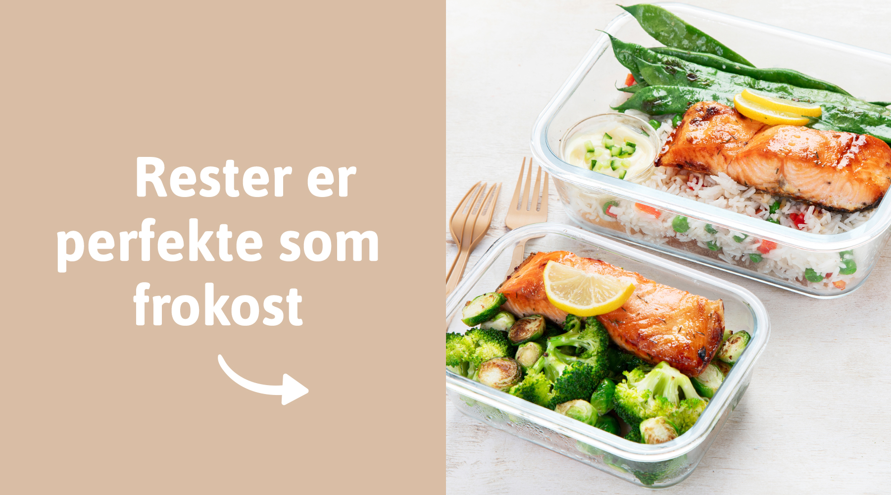 Rester af laks og grøntsager opbevaret i en madkasse