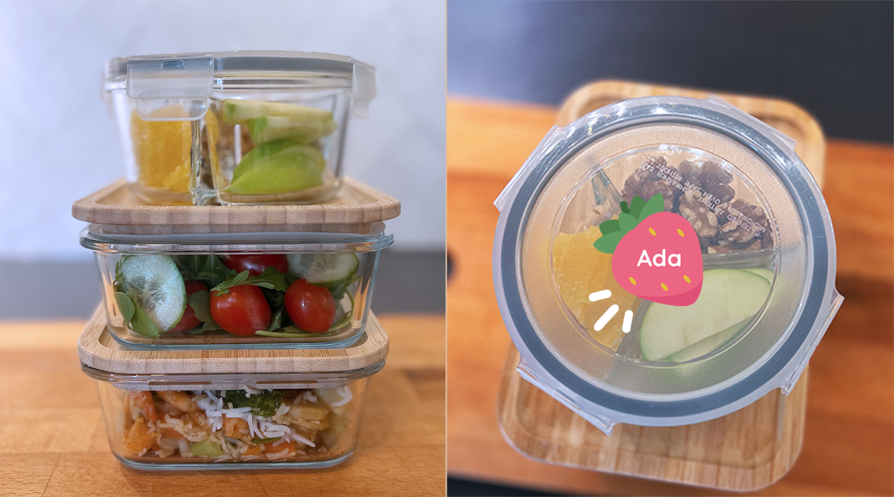 Stabel af madkasser i glas med navnemærke Ada på låget, der er perfekt til opbevaring af mad.