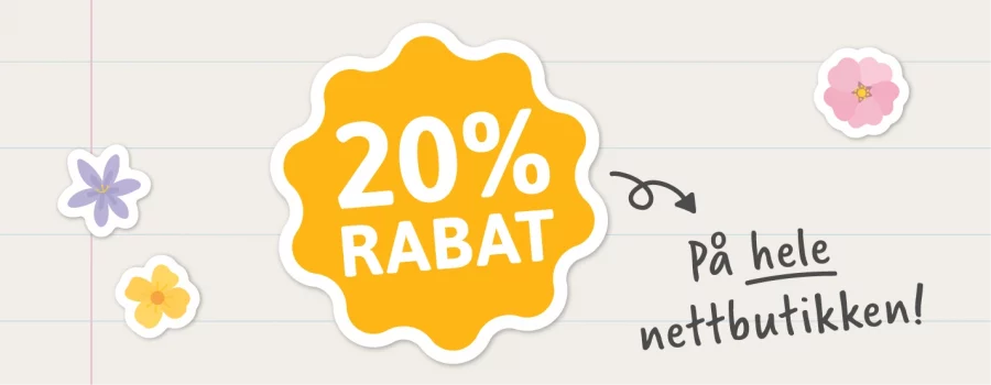 20% rabat på hele netbutikken, herunder navnelapper, veggdekor, plakater og bursdagskort for børn.