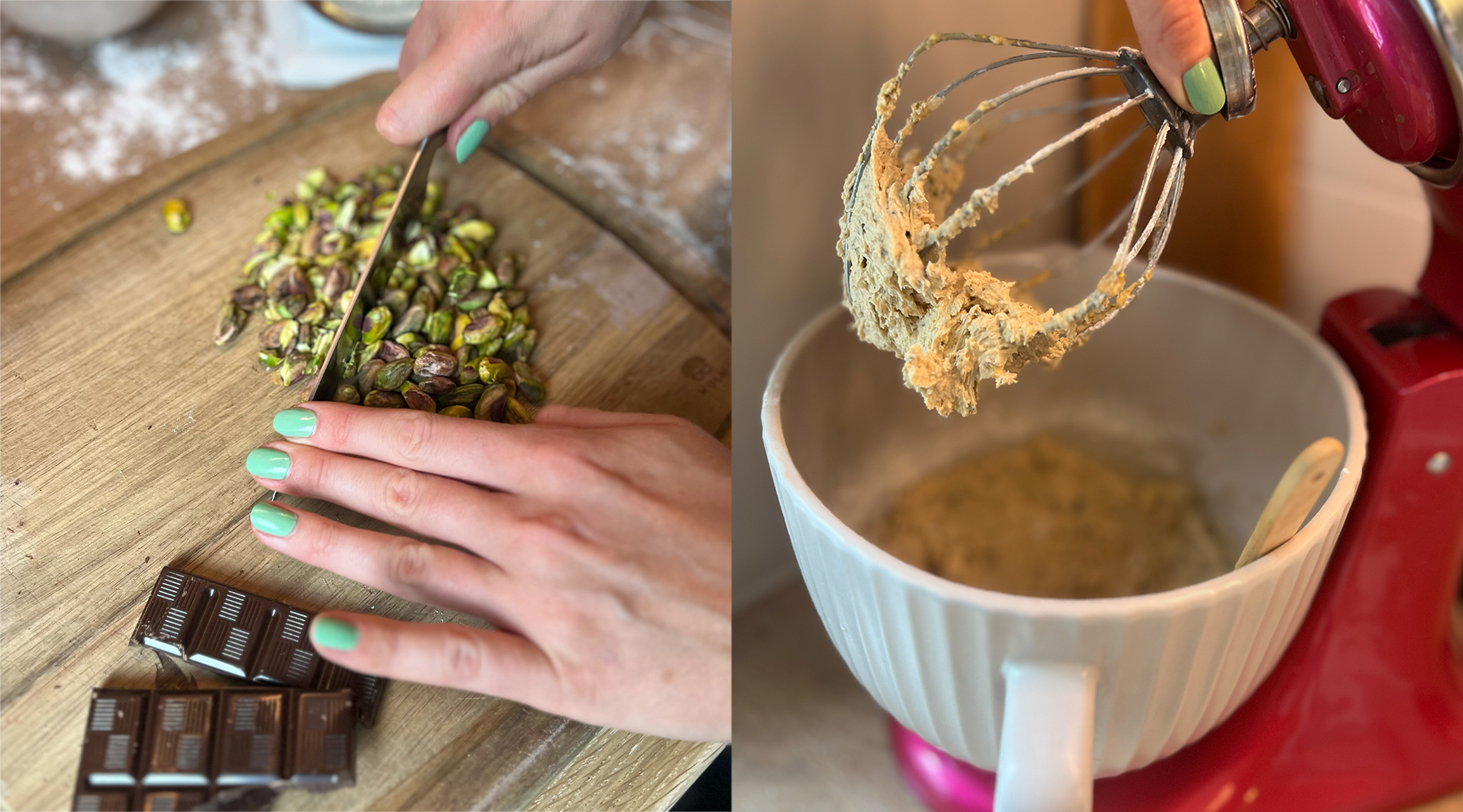 Hakkede pistacienødder og cookiedej – glutenfri og mælkefri pistaciekager. 