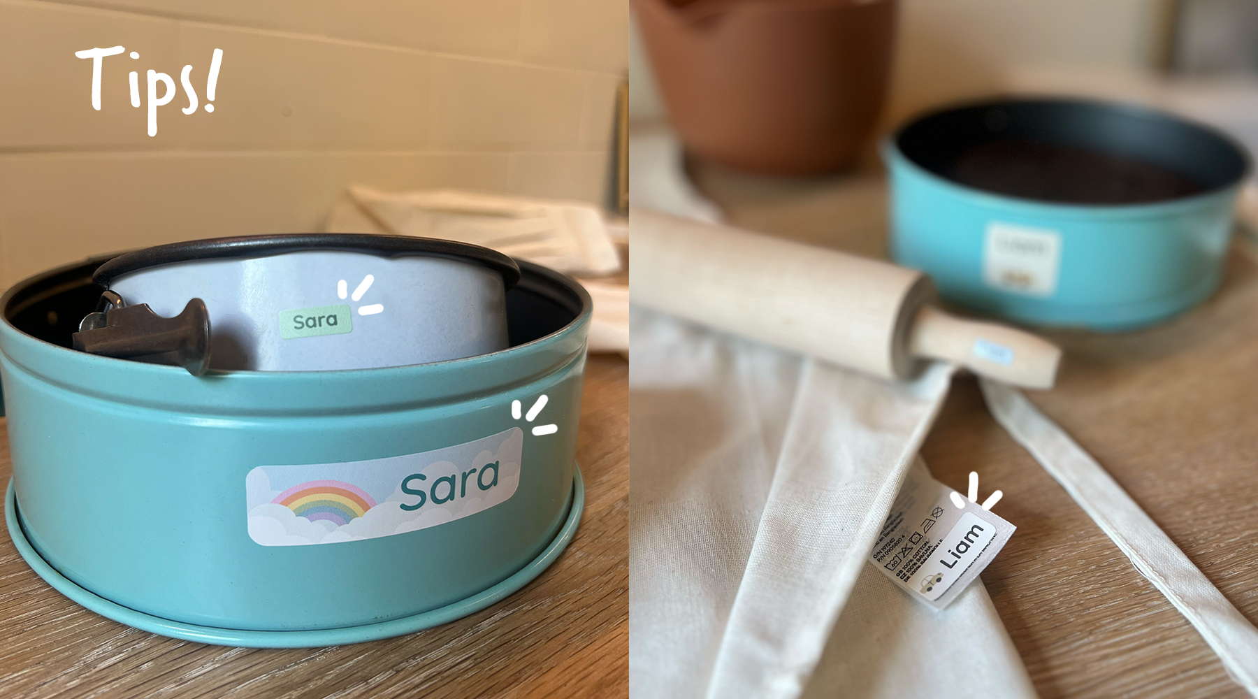 To navnelapper i bruk; en grønnsakskniv med navnet 'Sara' og en kjevle med 'Liam' på et lyst trebord. Perfekt for å holde orden i kjøkkenet eller til barna.