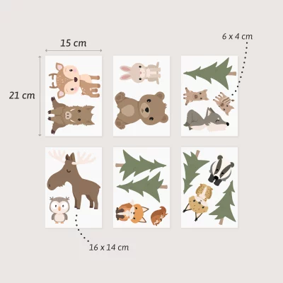 Farverig vægdekoration med dyremotiver, herunder hjort, kanin, bjørn og ulv – perfekt til børneværelset.