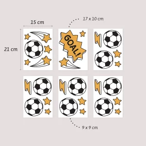 Billede af farverige klistermærker med fodboldmotiver, stjerner og teksten GOAL! i gul. Klistermærkerne varierer i størrelse og egner sig perfekt til dekoration af barnerum eller som tilbehør til fodboldtemaer.
