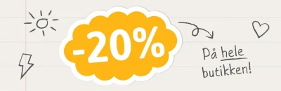 Billede med en farverig baggrund og elementer relateret til Back to School med tekst der annoncerer -20% rabat på alle produkter i butikken. Perfekt til forberedelse af børn til skole, herunder navnelapper, plakater og vægdekorationer.